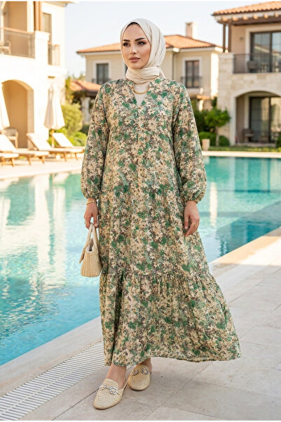 Kirazca Butik Kadın Dökümlü Modal Kumaş Floral Desenli Tesettür Elbise(ASTARSIZ)