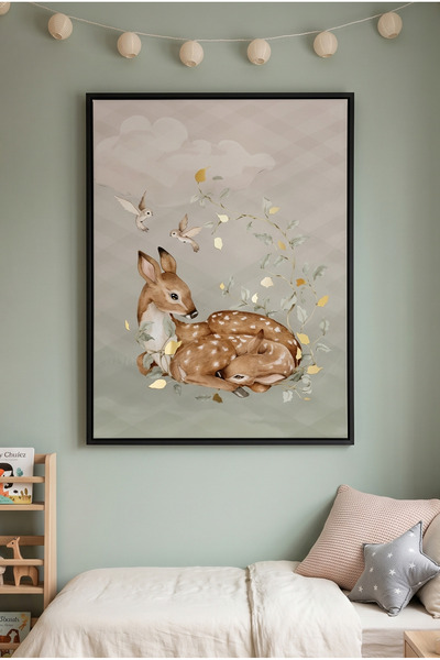 Jasmine Art Resting Deer & Gold Leaves Kids Wall Art | Portrait Framed Canvas...