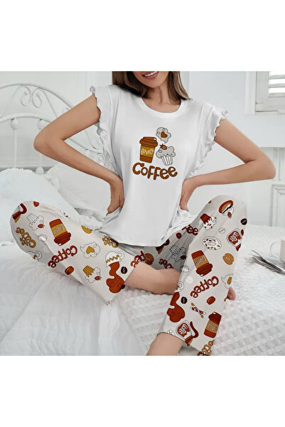 OEM Set pijama două piese pentru damă cu imprimeu coffee, top cu volane și pa...