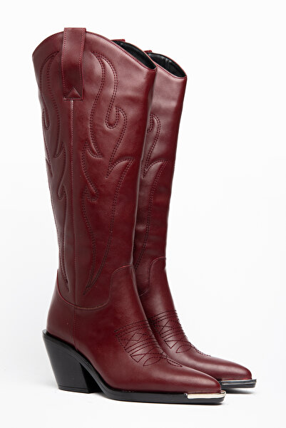 DENORA Burgundy Matte Leather Metal Toe Cap Below the Knee Embroidered Wester...