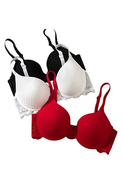 OEM Bra, push up with lace, Top Bottom Set of 3 pieces red, black, white 90 C