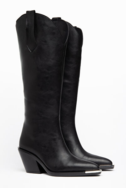 DENORA Black Matte Leather Metal Toe Cap Below the Knee Flat Western Cowboy B...