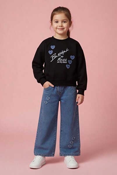 Cansın Mini Black Heart Embroidered Written Badge Jean Pants Girls' 2-Piece S...