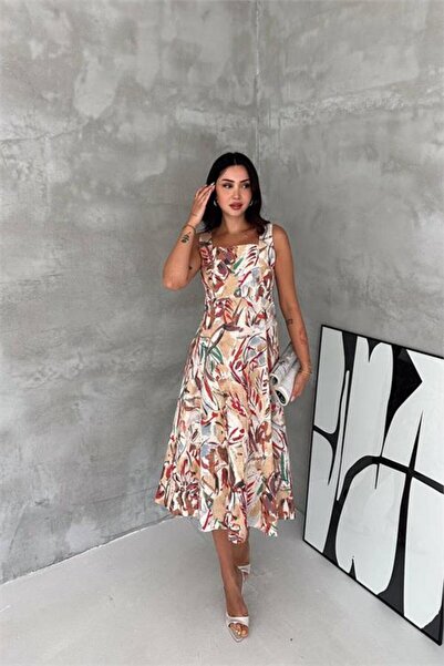Neşeli Butik γυναικείο κόκκινο φόρεμα με τετράγωνο γιακά με φλοράλ σχέδιο, αμ...