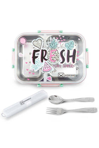 Hydrobrew Steel Core 3 Compartment Lunch Box w/ Stainless Steel Cutlery Set –...
