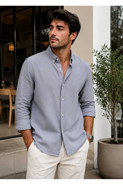 mavisima erkek giyimi Men's Gray Summer Breathable Linen Textured Aerobin Shi...