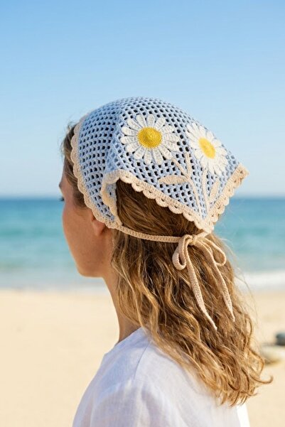 monalisatoka El Örgüsü Görünümlü Papatya Motifli Yazlık Üçgen Bandana