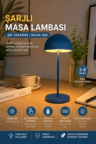 Wair Teknoloji Şarjlı LED Masa Lambası 1200mAh Dokunmatik 3 Işık Modlu Kısıla...