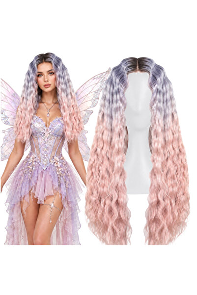 Korbi Perucă de cosplay lungă, roz-violetă, cu bucle