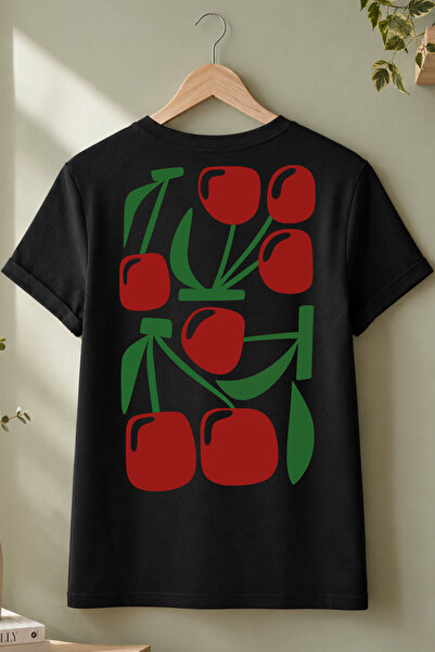 Spoyi Cherry Mood Design 100% Cotton Half Oversize Black T-Shirt