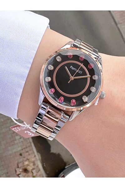 Ferrucci Women's Silver Rose Metal Cord Black Dial Stone Detailed Wristwatch ...