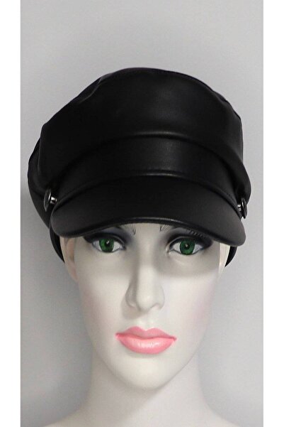 FashionApp Șapcă de damă, din piele, cu nasture decorativ, negru.