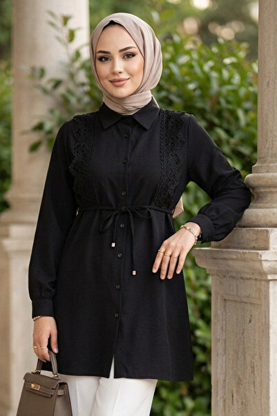 N.S NEVA STYLE Lace Detailed Black Hijab Tunic 20384S