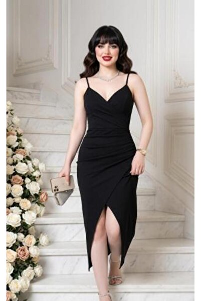 vela Black Soft Evening Dress with Thin Straps and Side Draping Pleats