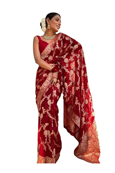 MYSMAR Red Banarasi Art Silk Saree - KTZ1003 | Red