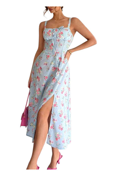 OEM Rochie albastra cu flori, marime S, material subtire de vara, stil sirena