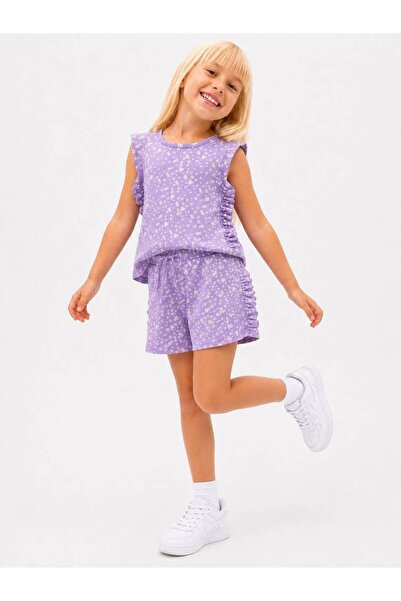 YİGİT BUTİK Girl's Wrinkled Fabric Floral Patterned Ruffle Detailed Shorts Su...
