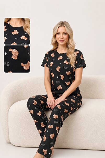 CottonVia Women's Pajama Set, 100% Cotton, Short Sleeve, Crew Neck, Teddy Bea...