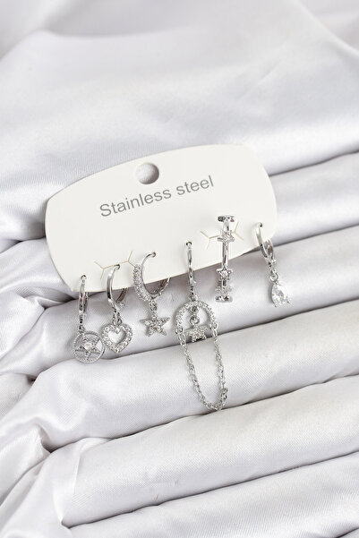 Bezos 316L Steel Silver Color Zircon Stone Chain Detailed Women's Earring Set
