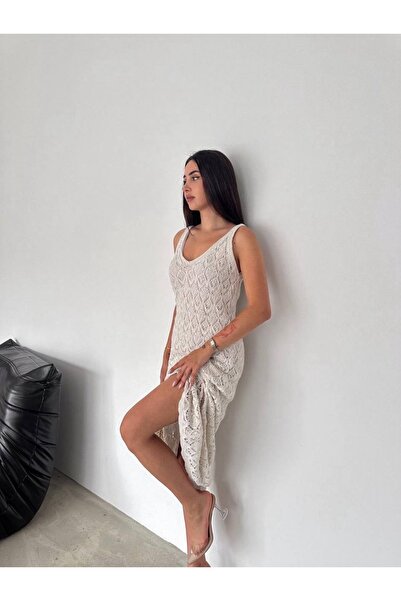 Jöns Butik Women's Ecru Openwork Knitwear Maxi Dress V-Neck Strap Summer Beac...