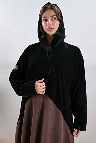 Lavin Winter Velvet Abaya with Brown Suede Fabric Inserts