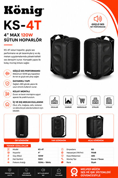 König KS-4T 4'' 120W 2'Lİ TAKIM SÜTUN HOPARLÖR SİYAH