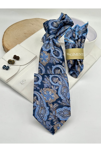 Gutiero Blue Navy Blue Classic Tie with Shawl Patterned Handkerchief