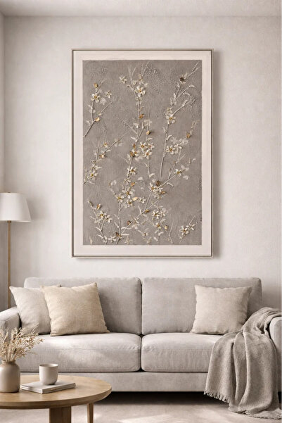 Afkar modern Gypsum Wall Art Floral Branch Design – Calm Grey Background with...