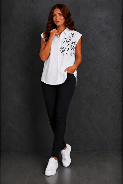 UTDU Women's White Sleeveless Modern Embroidered Oversize Shirt