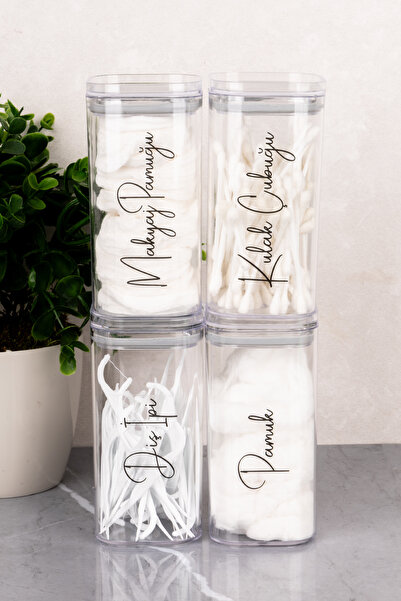 Dolkin Home 4-Piece Cotton - Ear Swabs - Dental Floss - Makeup Cotton Labeled Transparent Mica Jar Cotton Box Set Acrylic Bathroom Organizer 300 ml