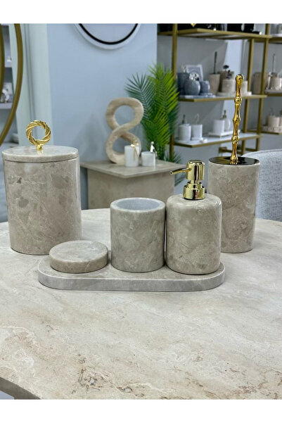 veloraliving Decorative Natural Beige Marble 6 Piece Gold Ring Bathroom Set