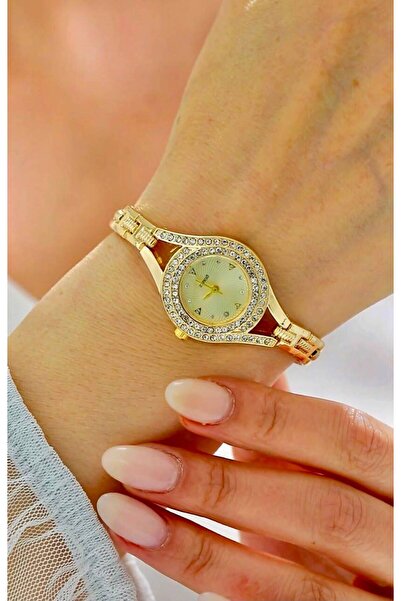 Rachel Silver Zircon Stone Gold Color Yellow Dial Women's Watch