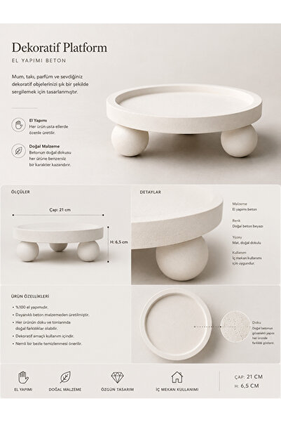 bi ondan bi bundan BOBB ORBİS El Yapımı Beton Dekoratif Stand Takı, Mum ve Dekor Obje Sergileme Platformu 21 cm