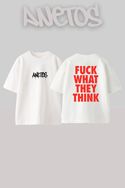Anetos  They Think Design Printed Unisex Oversize White Tshirt
