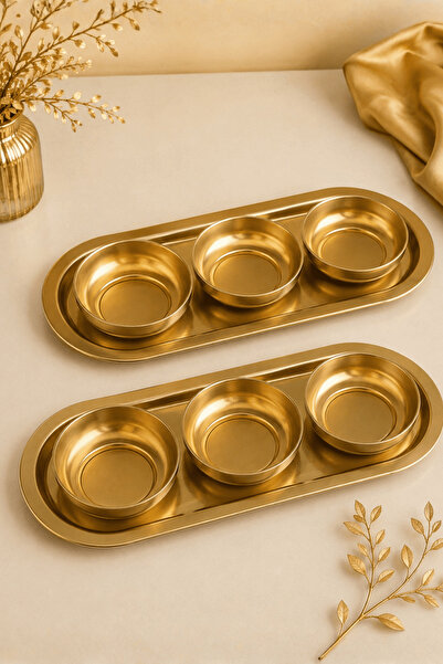 Sarkap Home 16x35 cm 2'li Oval Tepsi 10x3,2 cm 6'lı Çerezlik Seti Gold