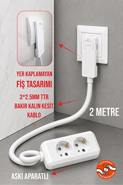 Aryes Kalın Kablolu 2'li Uzatma Kablosu 2 Metre %100 Bakır