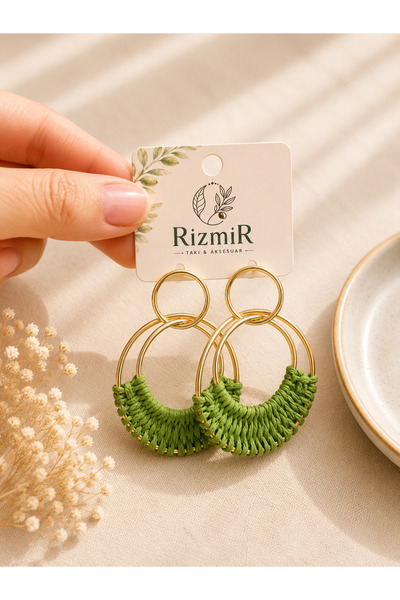 rizmir Hasır Detaylı Gold Renk Halka Kadın Küpe