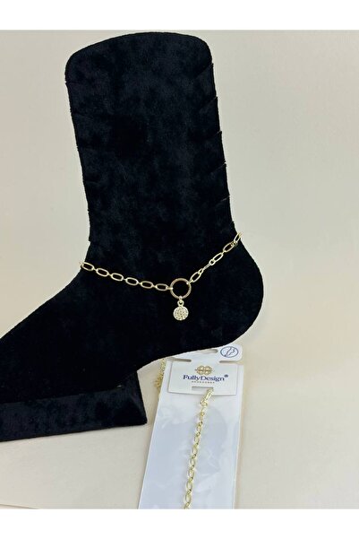MuseumofYou Chain Anklet with Zircon Stone Round Plate Detail, Gold Color Plated