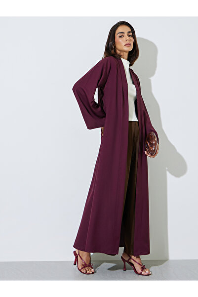 Amirah By Styli Burgundy Solid Front Open Abaya