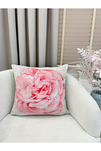 Brillant 2'li Gül Desenli Ekru Pembe Kadife Kumaş Kırlent Kılıfı (45x45)