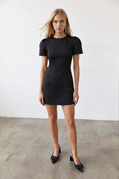 Trend Alaçatı Stili Women's Black Sleeves Pleated Detailed Hidden Zipper Mini...