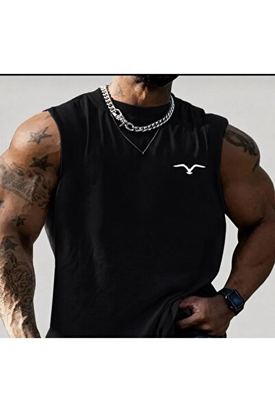 ALCİNOUS Black Printed Training Athlete Oversized Sleeveless T-Shirt