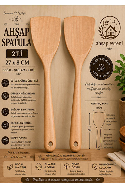 Ahşap Evreni - Ahşap Spatula 27x8 cm - 2'li El Yapımı Gürgen Ağacı - Geniş Uç Mutfak Spatulası