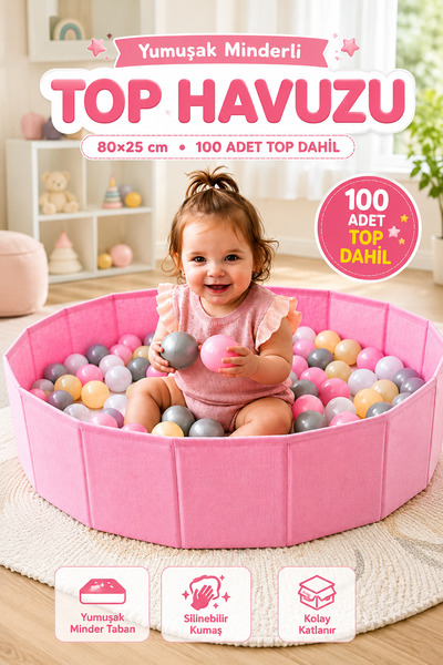 YILDIRIM OYUNCAK Yumuşak Tabanlı Top Havuzu 80×25cm – 100 Toplu Yumuşak Minde...
