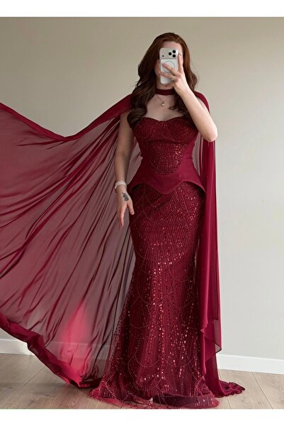 ayşenur Dinçer butik Dilruba Pelerinli Abiye Bordo