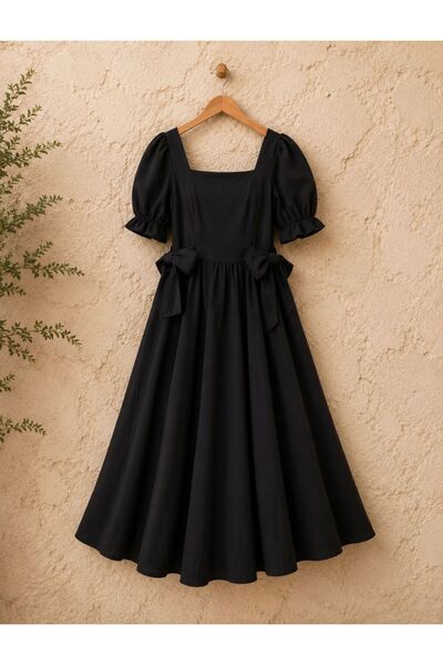 KÜÇÜĞÜM BUTİK Black Square Neck Flared Poplin Dress with Side Bow