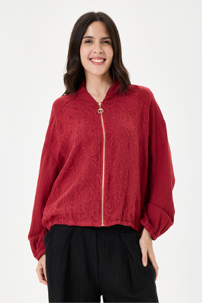 della moor Burgundy Italian 100% Linen Embroidered Zippered Low Sleeve Oversi...