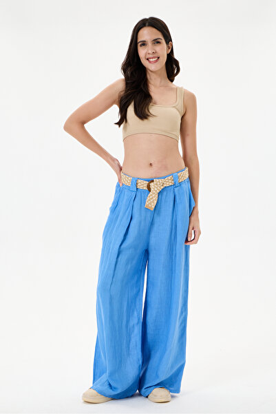della moor Women's Blue Italian 100% Linen Straw Belted Pleated Wide Leg Line...