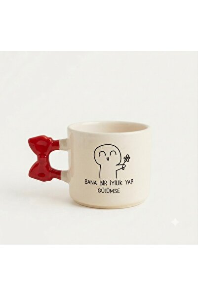 PALTO TASARIM Do Me a Favor Smile Handmade Cream Glossy Ribbon Handle Mug - H...
