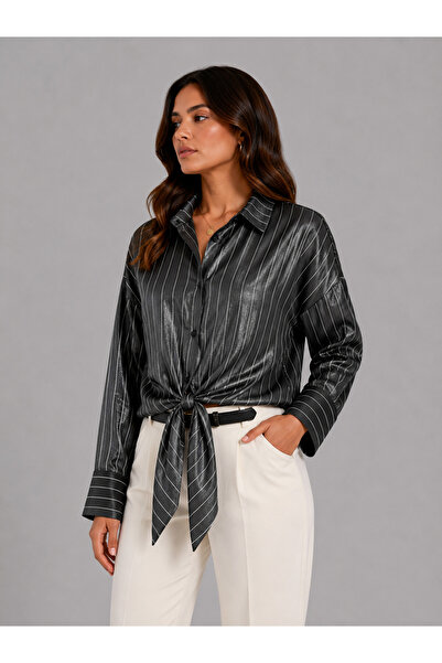 Basics&More Women's Satin Look Striped Long Sleeve Oversize Shirt - Black